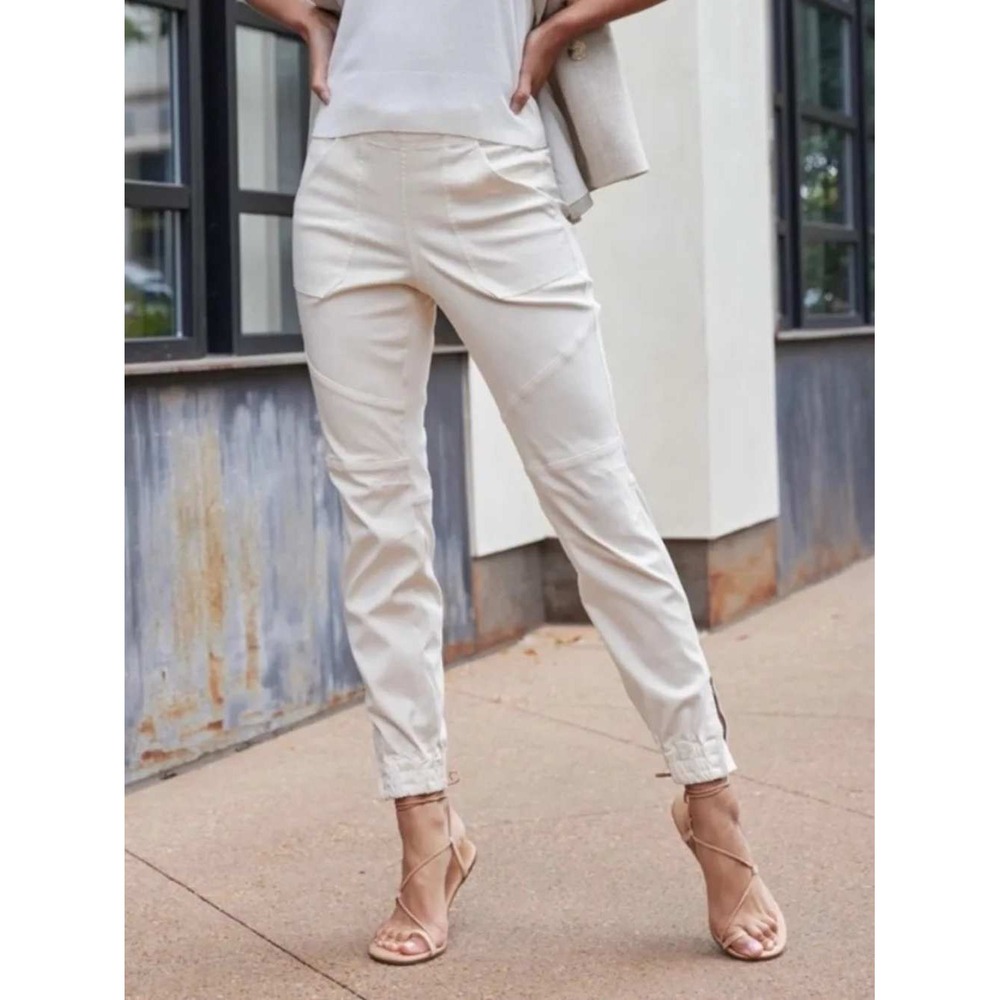 Spanx Women's Stretch Twill Cargo Utility Straight Leg Jogger in Parchment M